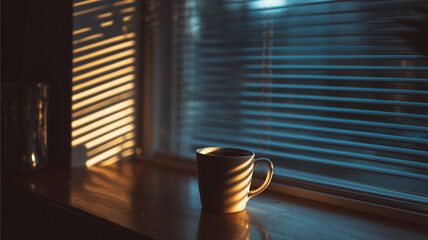 Serene morning scene featuring coffee cup placed on wooden surface, illuminated by soft sunlight filtering through window blinds, creating beautiful shadows