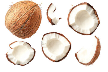 Whole coconut and pieces falling in air isolated on transparent PNG