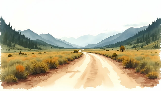 Wide panoramic of remote dirt track cutting through untouched wilderness valley with distant peaks illustrating wilderness road trip immersion in  Photo Stock  Concept  and empty space on the left sid