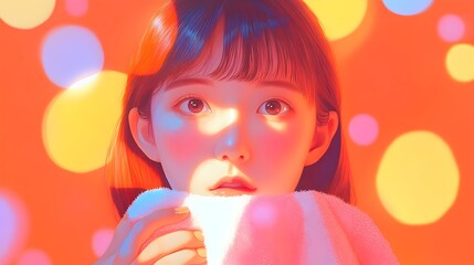 Fototapeta premium A young woman with dark hair and large eyes, illuminated by warm-toned light and encircled by out-of-focus bokeh circles, gazes directly at the viewer. She holds a light-colored, soft garment close