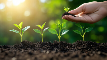 Nurturing young plants symbolizes growth and sustainability, showcasing hand gently placing seedling into rich soil. This captures essence of eco friendly habits and environmental care
