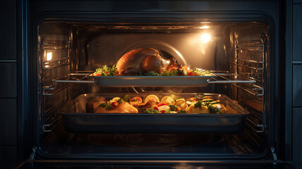 Beautifully arranged meal is cooking modern oven, featuring golden brown turkey and variety of colorful vegetables. warm glow from oven lights enhances inviting atmosphere, making it perfect