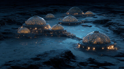 Futuristic city on Mars features glowing biodomes surrounded by dark, rocky landscape. illuminated structures create captivating contrast against night sky, evoking sense of wonder and exploration