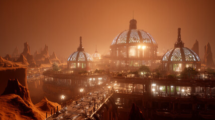Futuristic city on Mars features glowing biodomes surrounded by rugged terrain, showcasing advanced architecture and vibrant lighting. scene evokes sense of wonder and exploration