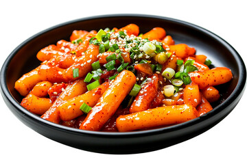 Spicy korean rice cakes tteokbokki in black bowl isolated on transparent PNG
