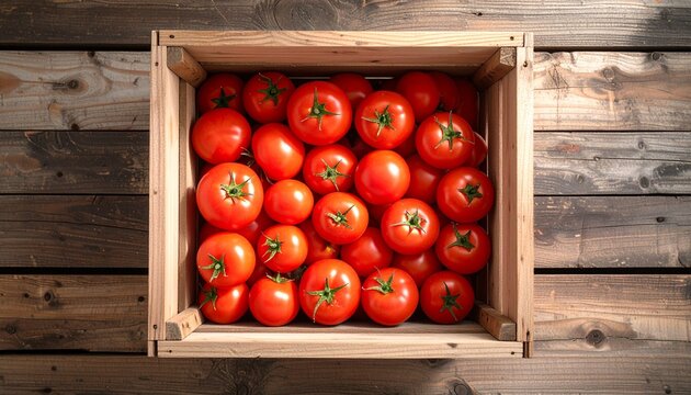 Caja de jitomates rojos en fondo de madera