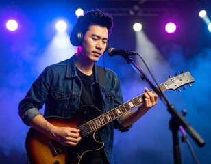 Obraz premium Asian musician playing electric guitar on stage