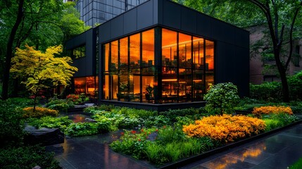 Fototapeta premium Modern, dark-colored building with large windows glowing orange at dusk, nestled in a lush, meticulously landscaped garden