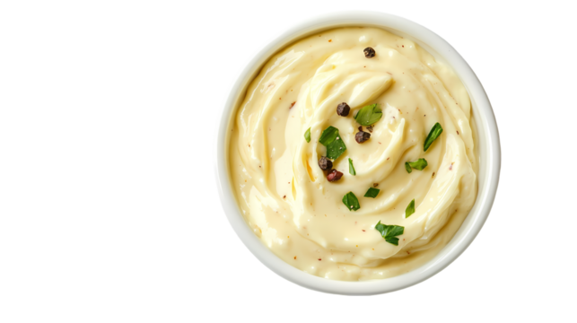 A bowl of creamy sauce with herbs and peppercorns on top   in a close up view isolated on transparent background