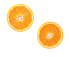 Two halved oranges juicy citrus fruit slices isolated on transparent PNG