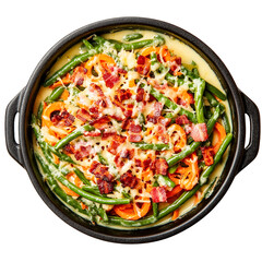 Creamy green bean casserole with bacon and cheese isolated on transparent PNG