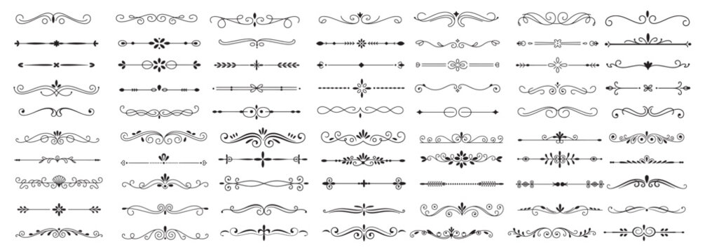 Elegant decorative dividers, ornate line separators, vintage flourish designs, whimsical borders, and charming embellishments for creative projects vector