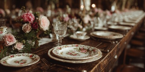 Naklejka premium Rustic Vintage Table Setting with Floral Decor