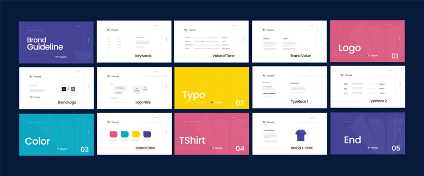 colorful brand guidelines template, modern business branding manual for creative studio, startup, educational, entertainment, fashion, lifestyle, tech startups with playful positioning 