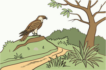 Cartoon Osprey Bird Perched on Hilltop with Tree and Path Illustration