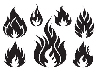 Black Fire Flame Silhouette Set - Bold Vector Burning Icons Collection

