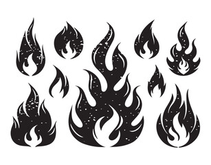 Grunge Fire Flame Silhouette Set - Distressed Vector Burning Icons Collection

