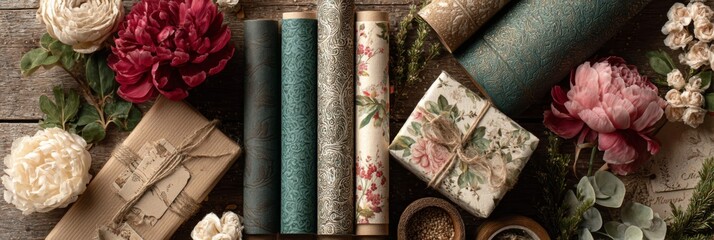 Rustic Floral Gift Wrapping Paper Rolls and Peonies