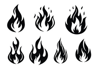 Black Fire Flame Silhouette Set - Bold Vector Burning Icons Collection

