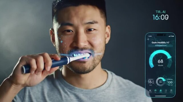 Young Asian Man Brushing Teeth with AI-Powered Smart Toothbrush and App Integration for Advanced Oral Health Tracking