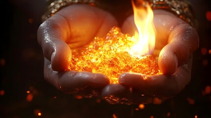 Glowing, fiery crystals held gently in cupped hands adorned with gold jewelry, sparks and embers surrounding