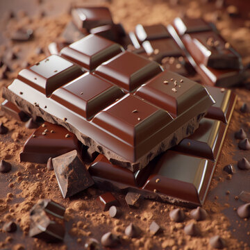 Close-up image of dark chocolate bars surrounded by cocoa powder, chocolate chips, and chunks.