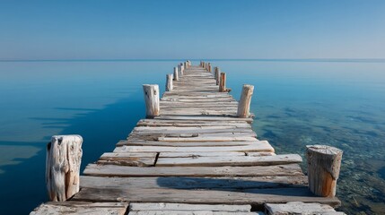 Fototapeta premium Weathered Wooden Pier Extending into Calm Turquoise Ocean
