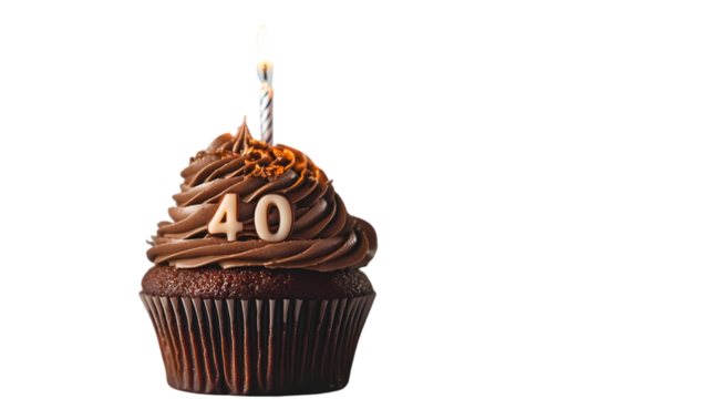 A chocolate cupcake with chocolate frosting topped with the number forty and a lit candle on top isolated on transparent background