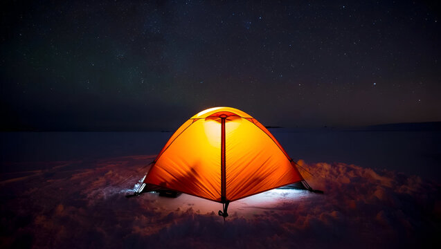 Night camp adventure with a tent under a starry sky by water