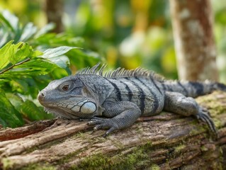 Obraz premium Gray and Black Iguana Resting on Mossy Log in Lush Green Tropical Forest
