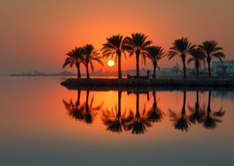 Silhouetted Palm Trees Reflecting in Calm Orange Sunset Water