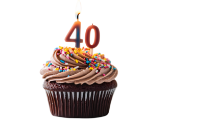 A chocolate cupcake with brown frosting and sprinkles and a candle with the number forty on top isolated on transparent background