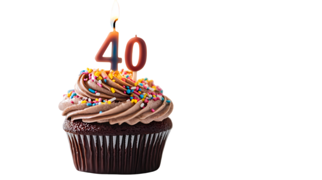 A chocolate cupcake with brown frosting and sprinkles and a candle with the number forty on top isolated on transparent background