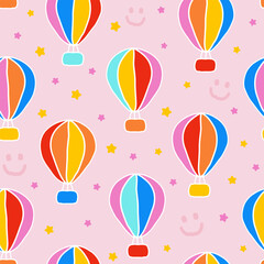 Seamless pattern, Hot air balloon sky pattern with flowers and clouds on blue
