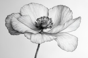 Fototapeta premium Detailed grayscale drawing of a single poppy flower.