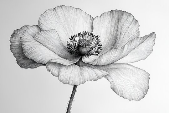 Detailed grayscale drawing of a single poppy flower.
