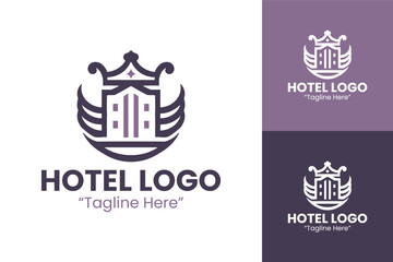 Elegant Hotel Logo Design with Crown and Architectural Symbol in Purple
