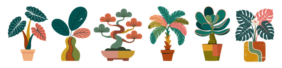 Colorful abstract funky house plants in pots, mid-century modern retro style with geometric patterns, perfect for vibrant, stylish decor and graphic design projects