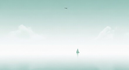 Solitary Sailboat in Misty Seascape Under Pale Sky