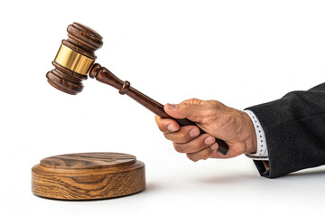 A judge's hand holding a gavel to make a decision isolated on a transparent background png