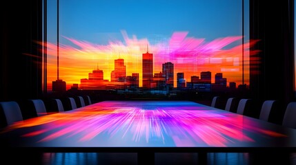 Vibrant sunrise cityscape reflected on a sleek, modern conference table within a panoramic windowed room
