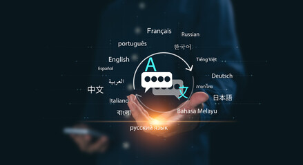 The concept of global language translation with online application system, technology for communication in important languages ​​in business and trade, exchange negotiation, language translation app.