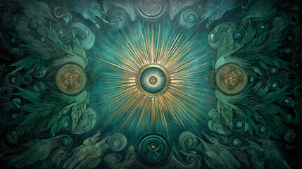 Fototapeta premium interior art for spiritual healing book | union of soul and cosmos | divine serenity | emerald and topaz blend | radiant center alignment | seraphic guardians | cosmic aureole effect | diffused