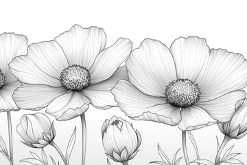 Elegant grayscale drawing of cosmos flowers.