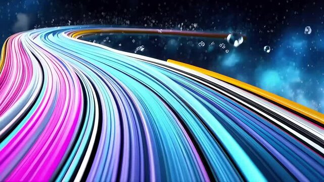 Swirling silver lines creating a track outline - Fast-paced, Determined - Stretching outward - Deep blue cosmic backdrop