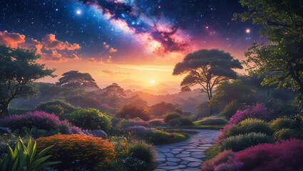 Enchanted Garden at Sunset: An ethereal garden scene, bathed in the warm embrace of sunset, unfolds with vibrant flowers and lush foliage under a mesmerizing starlit sky.