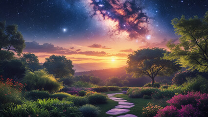 Stargazing Sunset Garden: A serene garden scene unfolds as twilight paints the sky with vibrant hues, while a path guides the eye towards the sunset with the Milky Way glittering in the distance.