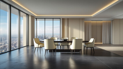 Modern Executive Conference Room: The elegant boardroom is bathed in natural light, offering panoramic cityscape views through expansive windows.