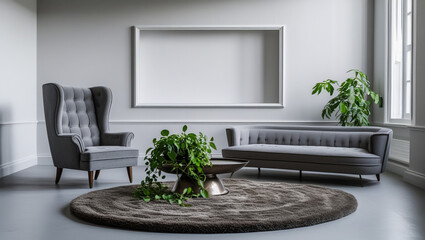 Elegant Interior with Modern Furniture: Refined modern living space with a cozy armchair, comfortable sofa, potted greenery, and a blank frame, ready to personalize the room.