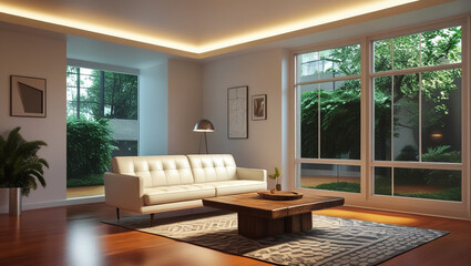 Cozy Home Interior: A well-lit living room, bathed in natural light streaming through expansive windows, creates a warm and inviting atmosphere for comfortable relaxation.
